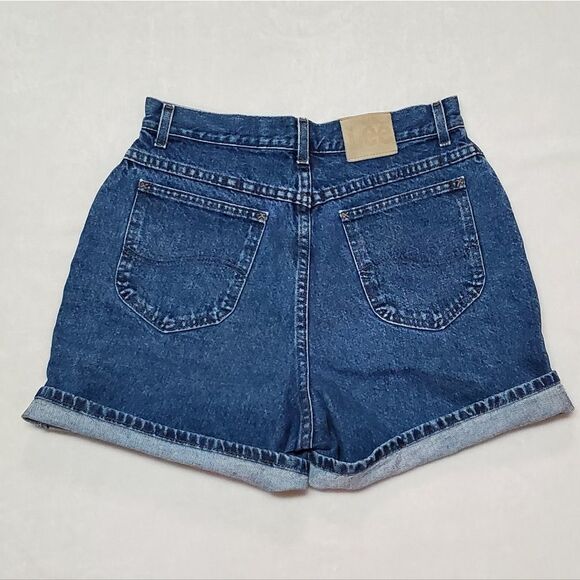 VINTAGE Lee Dark Wash Stone Wash Extra High Rise Loose Fit Cotton Denim Shorts - Picture 8 of 13